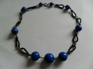 Vintage Art Deco Blue Glass Bead & Plaited Leather Necklace,  16 " Long