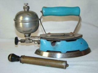 Antique Coleman Instant Lite Blue Enamel Gas Sad Iron,  Brass Pump Accessory
