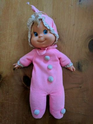 Vintage 1970 Mattel Pink Baby Beans Doll Lace Bonnet Blue Eyes Blonde