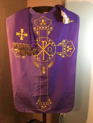 Vintage French? Gold Purple Thread Silk Catholic Vestment Chasuble & Stole
