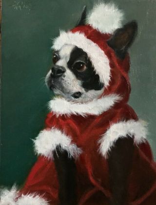 Barnes Oil Painting Vintage Antique Style Portrait Boston Terrier Dog Red Velvet
