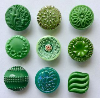 9 Vintage Green Glass Buttons,  Enamel,  Gilt,  Silver Trims,  Lustre 18 & 19mm