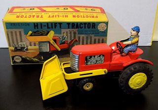 Vintage Tinplate Friction Hi - Lift Tractor With Driver,  Linemar,  Japan.  Exib