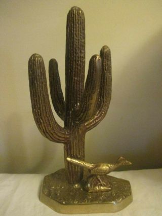 Vintage Solid Brass Roadrunner Bird And Cactus Southwestern Sculpture,  Statue Ys