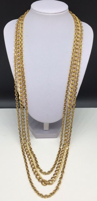 Vintage Designer Signed Napier Gold Tone Multi Triple Strand Long Chain Necklace