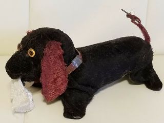 Vintage Antique Black Wind Up Dog Toy Mohair Flocked Dachshund