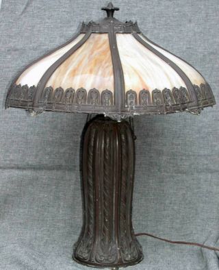 Antique Handel Style Slag Glass Lamp Patinated Tree Trunk Base Moulded Shade 18 "