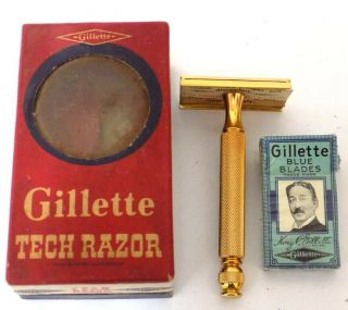 Vintage Gillette Gold Color Tech Razor Ball End Box W 