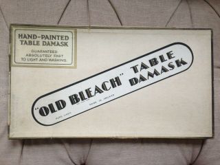 Vintage Boxed " Old Bleach " Hand Painted Square Table Damask,  Pure Irish Linen