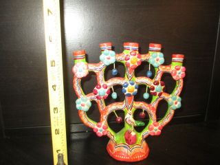 Vintage Mexican Folk Art Pottery Tree Of Life Candle Holder Bird Flowers