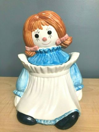 Vtg Metlox Poppy Trail Raggedy Ann Rag Doll 11 " Cookie Jar White & Blue Ceramic