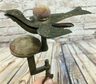Antique Victorian Brass Song Bird Sewing Clamp Holder 2 Pin Cushions Vintage