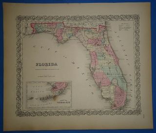 Vintage 1857 Florida Map - Old Hand Colored Colton 