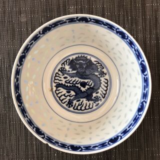 Antique Chinese Bowl Guangxu Mark Blue & White Dragon Colored Rice Eyes 2