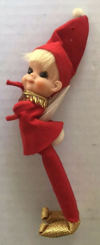 Vintage Christmas Ornament Pixie Elf Figure With Wings Red Felt Japan 7”