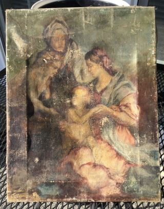 Antique Vtg Religious (?) Orig Oil Painting On Canvas Mother Child Angel 11 X 14