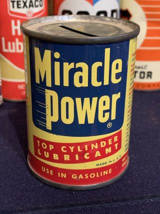 Vintage Miracle Power Lubricants 3 " Metal Tin Bank Oil Can Gas Station Sign