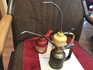 3 Vintage Pump Oil Cans.  1 Pressol,  1 Golden Rod,  & 1 No Name.