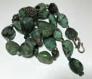 Vtg Green Semi - Precious Faceted Beaded Necklace Strand W/ Silver Clasp