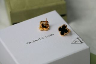 Van Cleef & Arpels Vca 18k Gold Onyx Vintage Alhambra Earrings