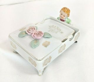 Vintage Porcelain Cigarette Box And Personal Ashtray,  Victorian Child,  Flowers