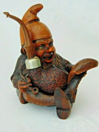 Rare Antique Vintage Black Forest Anri Hand Carved Wooden Gnome Pipe Holder Rest