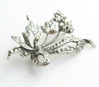 Vintage Solid Silver Art Deco Marcasite Gemstone Flower Brooch