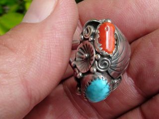 Vintage Native American Navajo Signed Vm Sterling Coral Turquoise Ring Sz 9