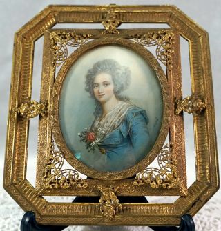 Antique French Miniature Portrait Painting Signed Dupre In Ormolu Filigree Frame