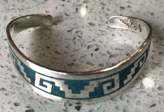 Vintage Taxco Th - 04 Mexico Sterling Silver 925 Turquoise Inlay Cuff Bracelet