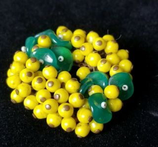 Early Vtg Miriam Haskell Molded Art Glass Leaves Beaded Green Yellow Brooch Pin