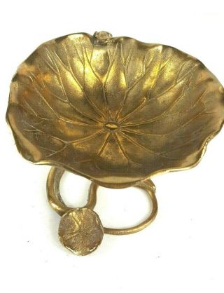Vintage Cast Brass Frog On Lily Pad Centerpiece Dish Footed Bowl Lotus Bowl