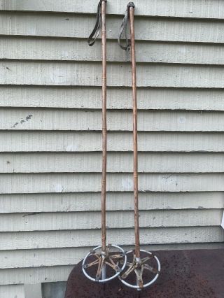 Vintage Antique Bamboo Ski Poles,  Leather Straps 45 Inches