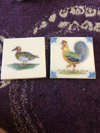 Pair Vintage Makkum Holland Decorative Duck Chicken Rooster Hand Painted Tiles