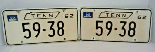 2 Tennessee Vintage 1962 Tn License Plate Pair Set 59 - 38 Paint