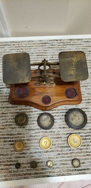 Antique Brass Postal Scale Wood Base With Weights
