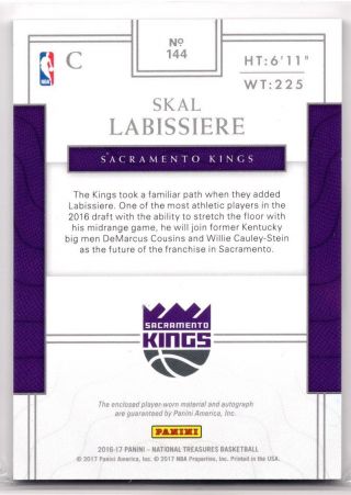 Skal Labissiere 2016 - 17 National Treasures ROOKIE PATCH AUTO RPA RC 78/99 KINGS 2