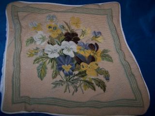 Pansy Flower Floral Needlepoint Pillow Vintage Petit Point Wool Katha Diddel