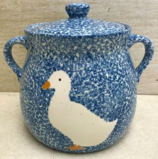 Rare Vintage N.  S.  Gustin Co.  Pottery Blue Stipple Cookie Jar White Duck