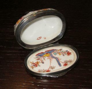 Antique French Porcelain Chantilly Style Silver Mounted Snuff Box