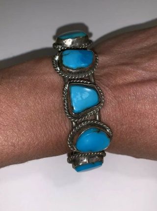 Vintage Old Navajo Sterling Silver & Blue Turquoise Bracelet Bangle
