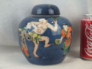 Fine 19th C Chinese Porcelain Powder Blue Famille Verte Figures Jar And Cover