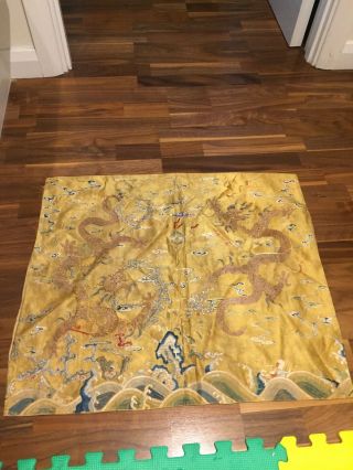 Antique Chinese Silk Embroidery With Two Dragon