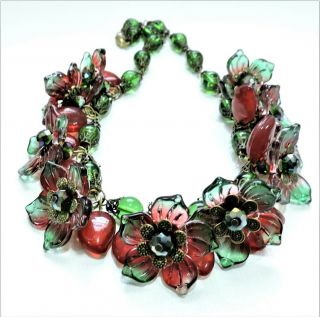 Vintage Red And Green Flowers Lampwork Art Glass Bead Necklace No19906