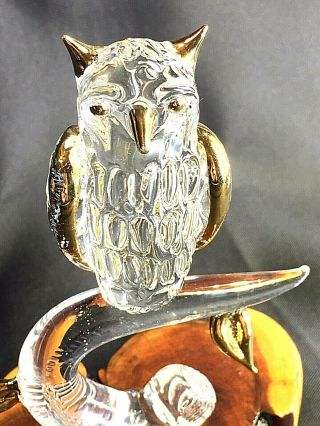 Vintage Blown Crystal Art Glass Owl On Burl Wood Base With Gold Accents Figurine