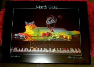Vint.  Kosbab Framed Mardi Gras " Kaleidoscope Cat " On Piano Poster Print 1983