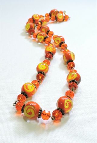 Vintage Orange With Yellow Swirls Lampwork Art Glass Bead Necklace De19110