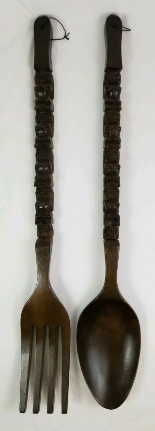 Vintage Carved Wood Fork And Spoon Set Wall Hanging Tiki Mayan Totem 41 "