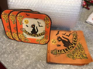 Vintage Halloween Party Paper Plates & Napkins Howling Cat Jack - O - Lanterns Bats