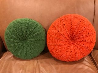 Set Of Two Vintage Mid Century Round Knit Pillows 1960s 1970s Home House Decor
